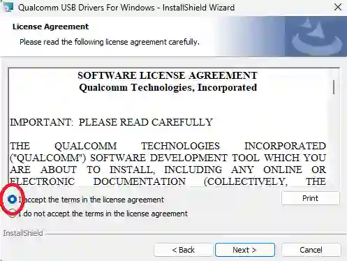 Accept terms in license agreement for Qualcomm Driver installation