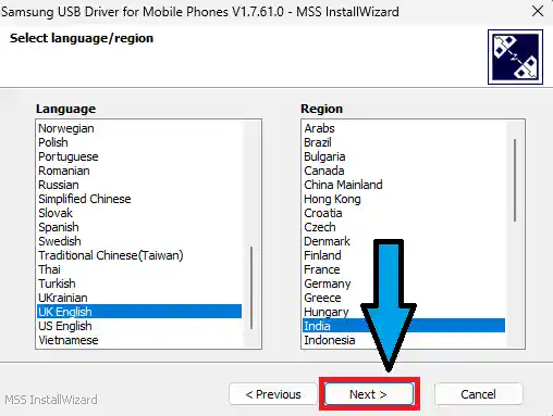 samsung driver select language region india Samsung USB Driver