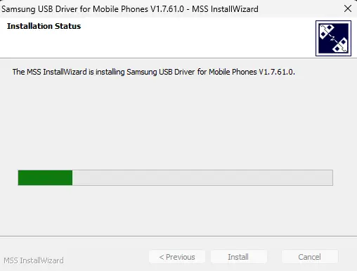 Samsung USB Driver installing progress bar status